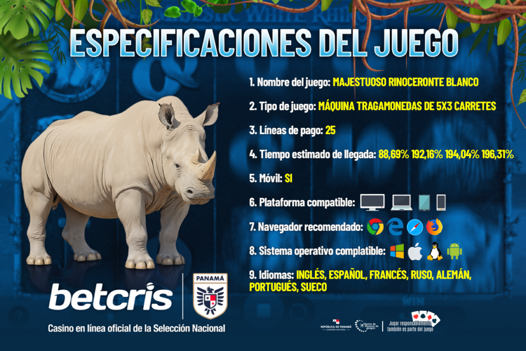 Características del juego Majestic White Rhino en Betcris Panamá