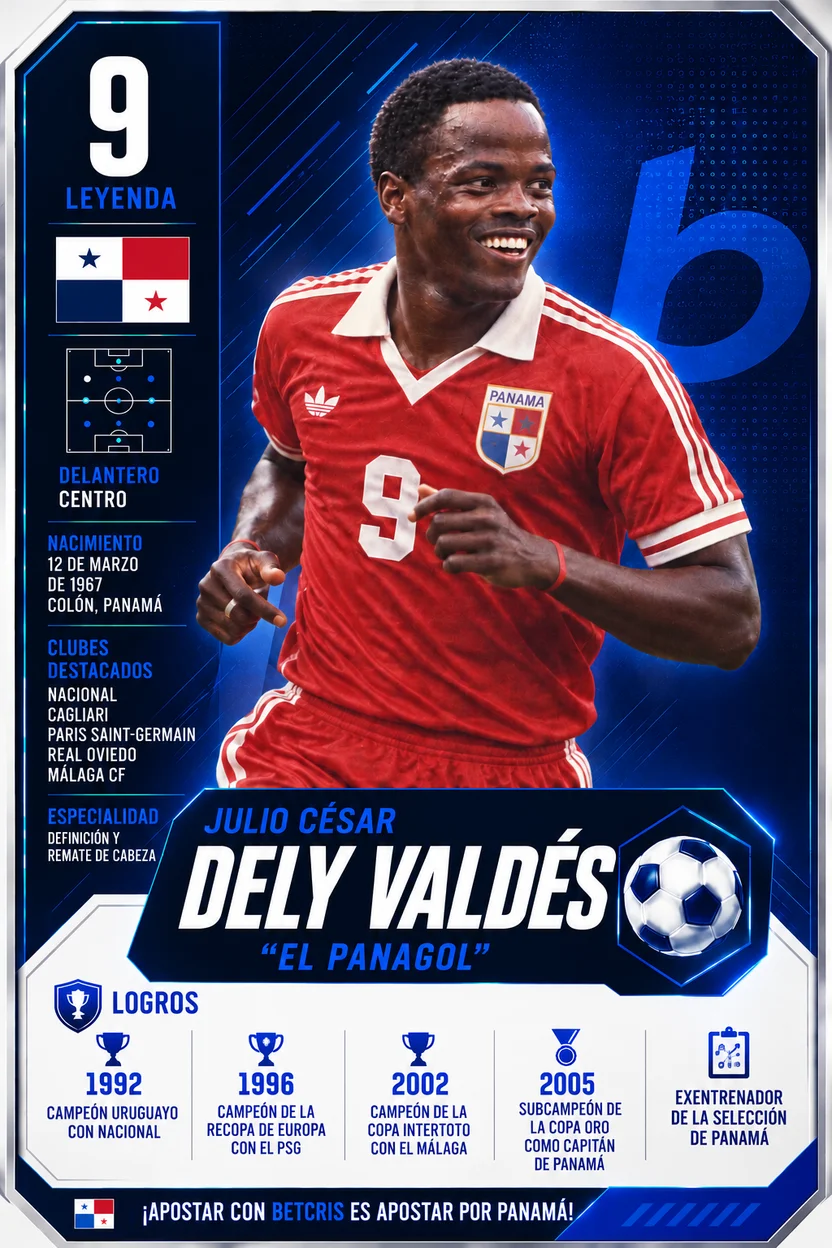 Tarjeta de Julio César Dely Valdés, delantero centro panameño: campeón uruguayo 1992, Recopa de Europa 1996 y Copa Intertoto 2002.