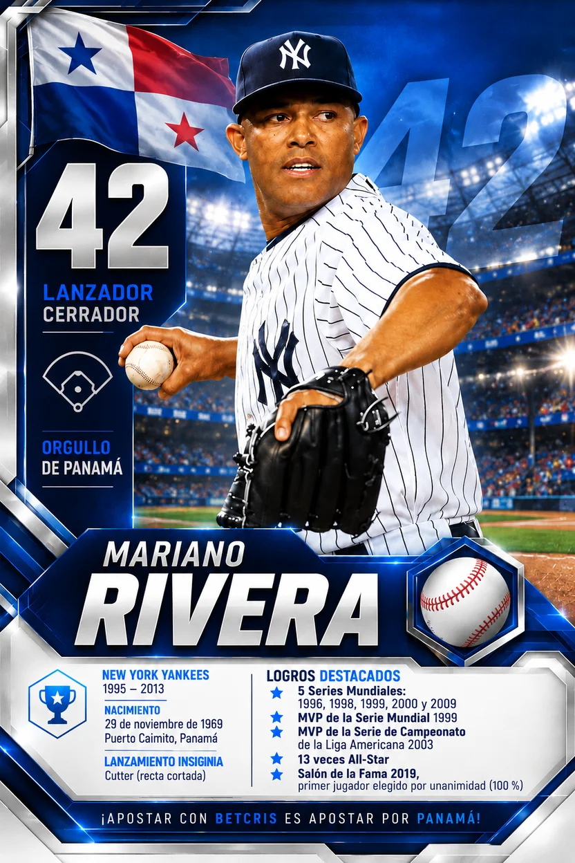 Tarjeta de Mariano Rivera, lanzador cerrador panameño de los New York Yankees: 5 Series Mundiales, 13 veces All-Star y Salón de la Fama 2019.