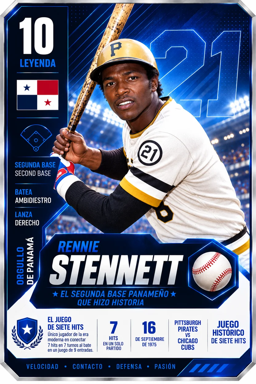Tarjeta de Rennie Stennett, segunda base panameño de los Pittsburgh Pirates, con su juego histórico de 7 hits el 16 de septiembre de 1975.