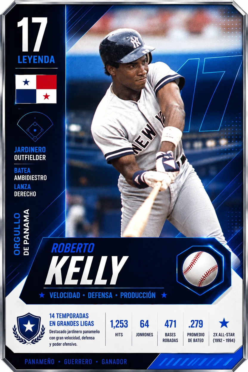 Tarjeta de Roberto Kelly, jardinero panameño de los New York Yankees, leyenda del béisbol de Panamá.