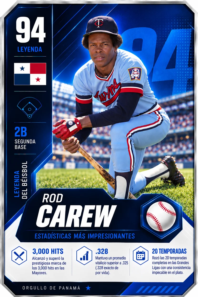 Tarjeta de Rod Carew, segunda base panameño de los Minnesota Twins: más de 3,000 hits y promedio de .328.