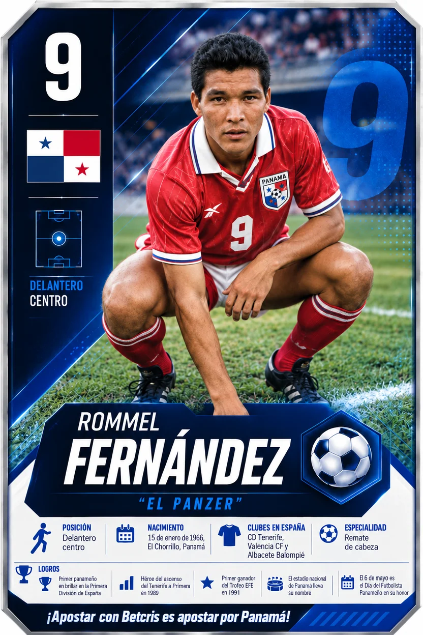 Tarjeta de Rommel Fernández, «El Panzer», delantero centro panameño que brilló en el fútbol español.