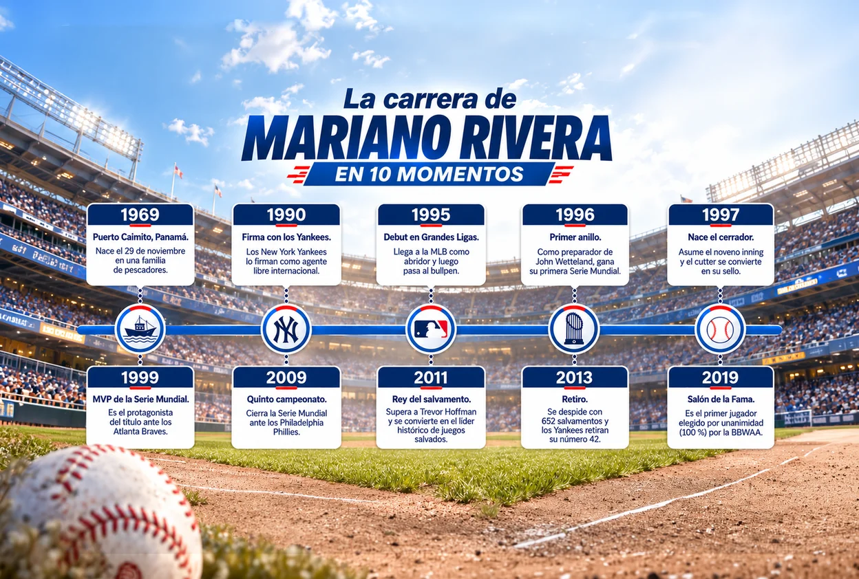 La carrera de Mariano Rivera en 10 momentos, desde su nacimiento en Puerto Caimito en 1969 hasta su ingreso unánime al Salón de la Fama en 2019.