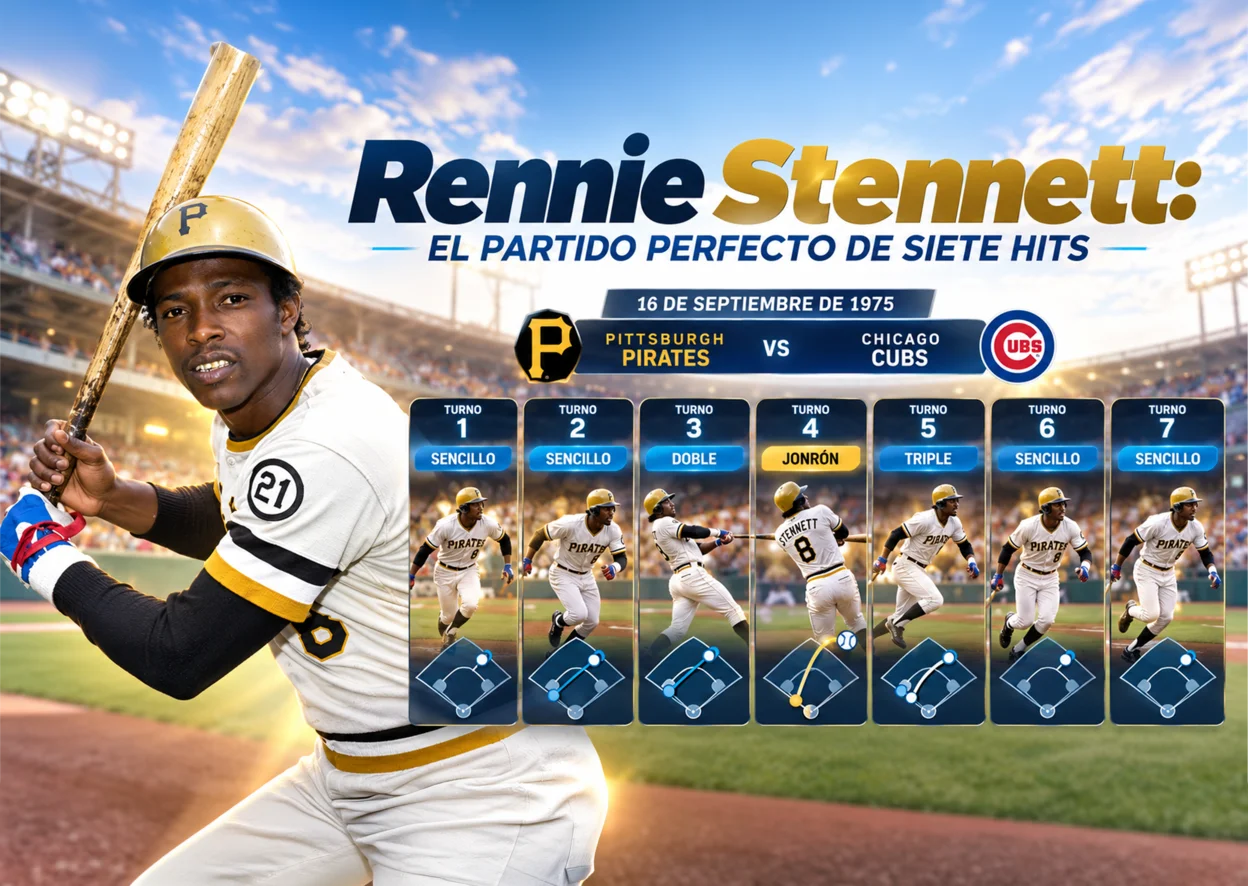 Infografía del partido perfecto de Rennie Stennett: 7 hits en 7 turnos ante los Chicago Cubs el 16 de septiembre de 1975.