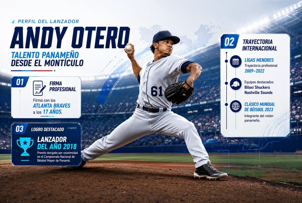 Infografía de Andy Otero: firma con los Atlanta Braves a los 17 años, trayectoria internacional y Lanzador del Año 2018 en Panamá.