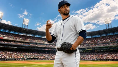 Humberto Mejía, lanzador panameño, con la pelota en la mano en un estadio de béisbol.