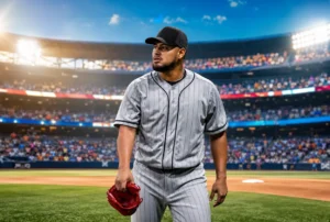 Jaime Barría, lanzador panameño, en el terreno de un estadio de béisbol.
