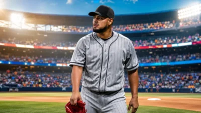Jaime Barría, lanzador panameño, en el terreno de un estadio de béisbol.