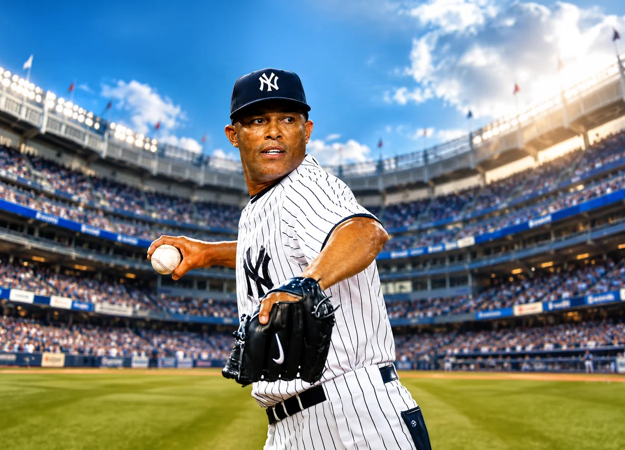 Mariano Rivera, cerrador panameño de los New York Yankees, preparando un lanzamiento en el estadio.