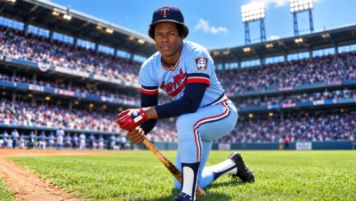 Rod Carew, leyenda panameña del béisbol, con el uniforme de los Minnesota Twins en el estadio.