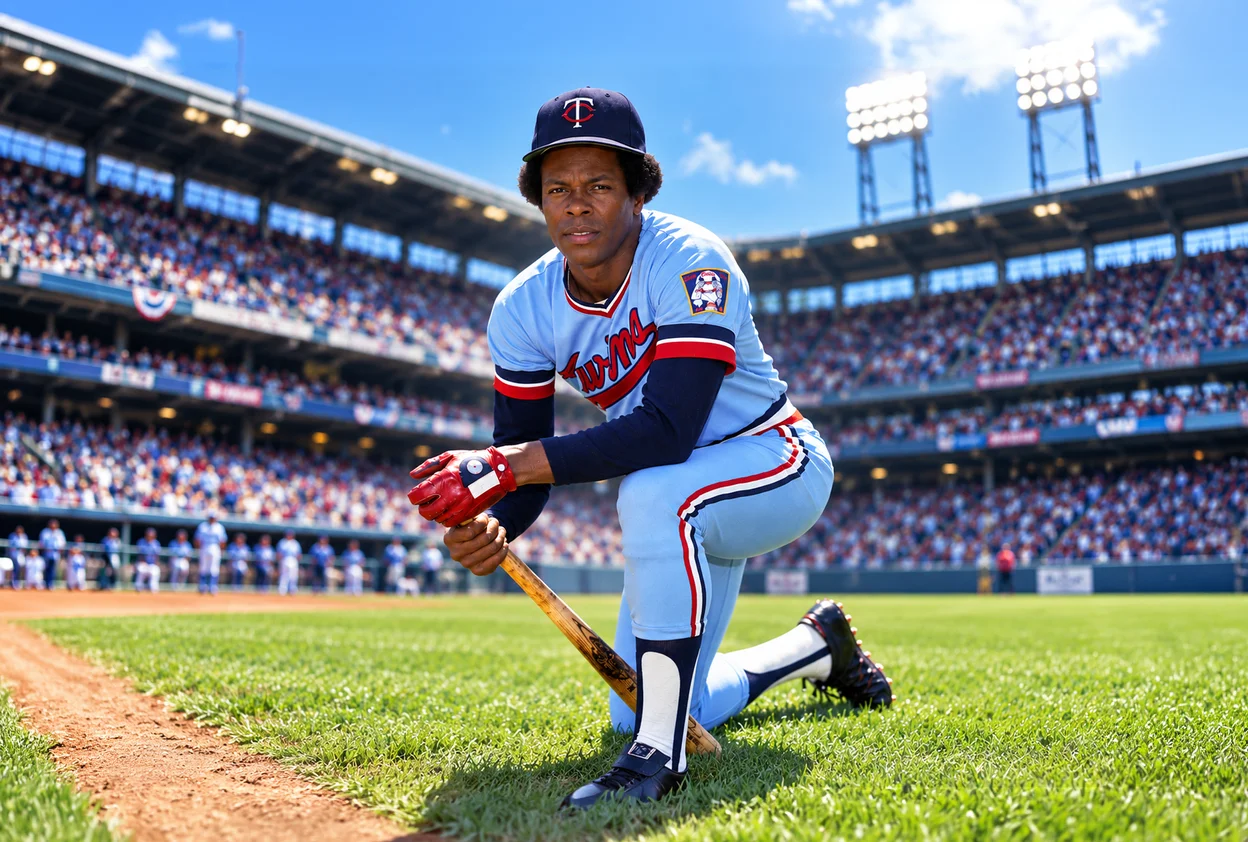 Rod Carew, leyenda panameña del béisbol, con el uniforme de los Minnesota Twins en el estadio.